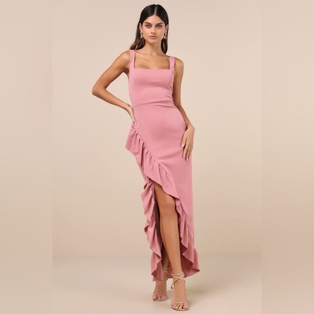 Lulus Immaculate Excellence Pink Sleeveless Ruffled Tulip Maxi Dress Size M NWT